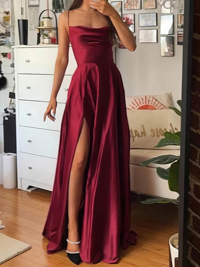 A-line Backless Cowl Neck Silk Satin Prom Dresses with Slit #UKM020114869