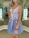 A-line V-neck Tulle Short/Mini Short Prom Dresses With Flower(s) #UKM020114873