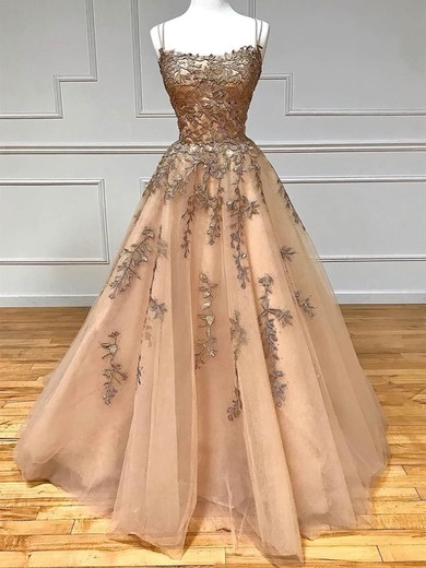 Ball Gown Scoop Neck Tulle Sweep Train Prom Dresses With Beading #UKM020114874