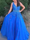 Ball Gown V-neck Tulle Sweep Train Prom Dresses With Beading #UKM020114880