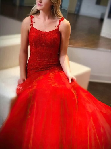 Trumpet/Mermaid V-neck Tulle Sweep Train Prom Dresses With Appliques Lace #UKM020114895