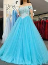 Ball Gown Off-the-shoulder Tulle Sweep Train Prom Dresses With Appliques Lace #UKM020114898