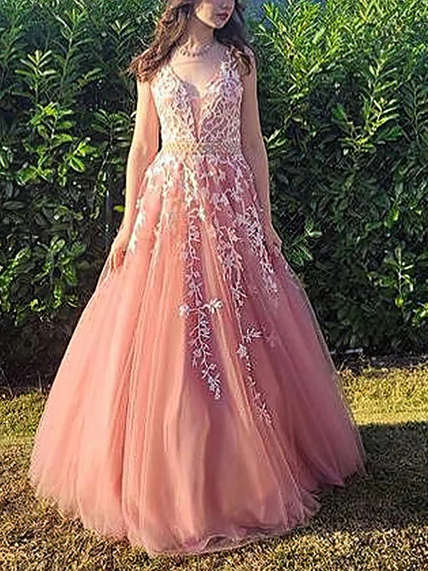Ball Gown V-neck Tulle Sweep Train Prom Dresses With Sashes / Ribbons #UKM020114908