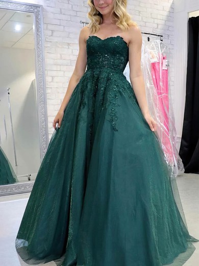 Ball Gown Sweetheart Tulle Sweep Train Prom Dresses With Appliques Lace #UKM020114911