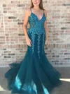 Trumpet/Mermaid Sweep Train V-neck Tulle Appliques Lace Prom Dresses #UKM020114913