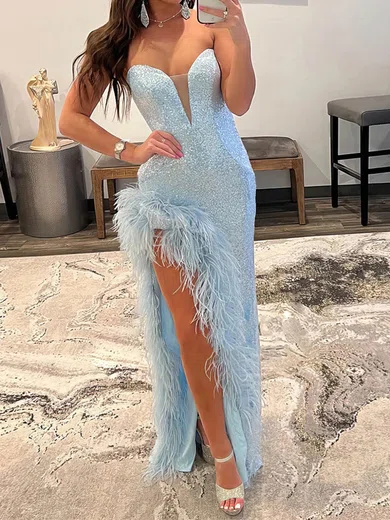 Sheath/Column Strapless Sparkly Sequin Prom Dresses With Feather #UKM020114918