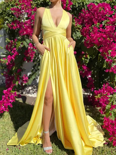 A-line V-neck Satin Cut Out Prom Dresses With Ruched #UKM020114919