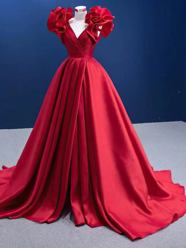 Ball Gown V-neck Satin Sweep Train Prom Dresses With Cascading Ruffles #UKM020114925