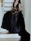 A-line V-neck Silk-like Satin Sweep Train Prom Dresses #UKM020114926