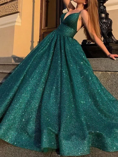 Ball Gown V-neck Sparkly Sequin Prom Dresses With Ruched #UKM020114927