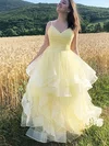 Princess V-neck Tulle Floor-length Prom Dresses With Tiered #UKM020114928