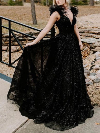 Ball Gown V-neck Glitter Sweep Train Prom Dresses With Feathers / Fur #UKM020114934