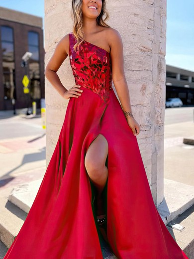 A-line One Shoulder Satin Sequined Sweep Train Prom Dresses With Split Front #UKM020114947
