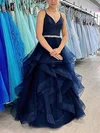 A-line V-neck Tulle Floor-length Prom Dresses With Cascading Ruffles #UKM020114948