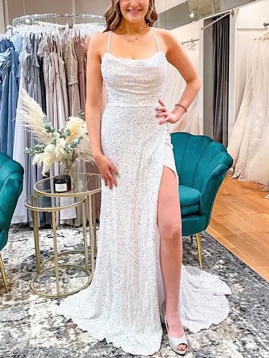 Sheath/Column Square Neckline Sequined Sweep Train Prom Dresses With Split Front #UKM020114956