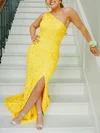 Sheath/Column One Shoulder Sequined Sweep Train Prom Dresses With Split Front #UKM020114961