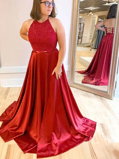 A-line Halter Lace Satin Sweep Train Prom Dresses #UKM020114964