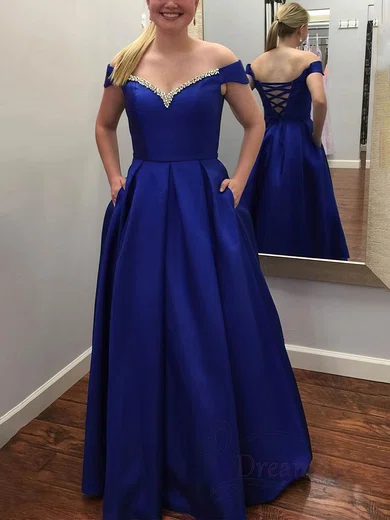 A-line Off-the-shoulder Satin Floor-length Prom Dresses With Pockets #UKM020114969