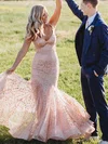 Trumpet/Mermaid V-neck Organza Sweep Train Prom Dresses With Appliques Lace #UKM020114973