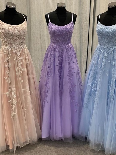 A-line Scoop Neck Tulle Sweep Train Prom Dresses With Appliques Lace #UKM020114975