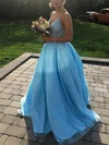 Ball Gown V-neck Satin Tulle Sweep Train Prom Dresses With Appliques Lace #UKM020114979