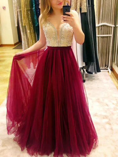 A-line V-neck Tulle Floor-length Prom Dresses With Beading #UKM020114981