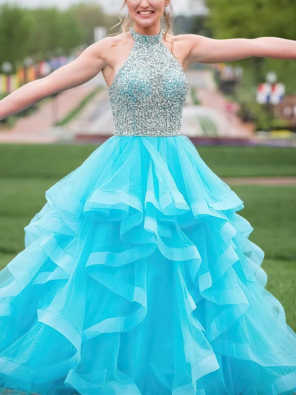 Ball Gown/Princess High Neck Tulle Sweep Train Prom Dresses With Tiered #UKM020114983