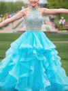 Ball Gown High Neck Tulle Sweep Train Prom Dresses With Tiered #UKM020114983