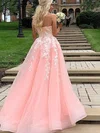 A-line Scoop Neck Tulle Sweep Train Prom Dresses With Appliques Lace #UKM020114984