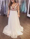 A-line V-neck Chiffon Sweep Train Prom Dresses With Appliques Lace #UKM020114990