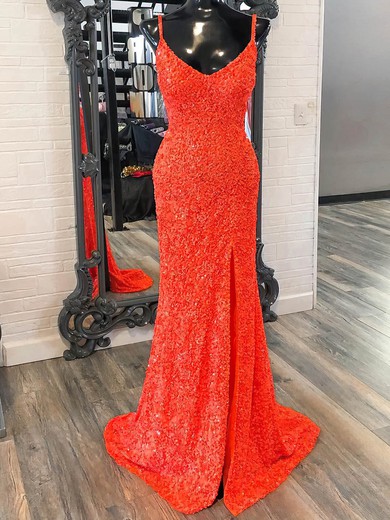 Sheath/Column V-neck Sequined Sweep Train Prom Dresses With Split Front #UKM020115006