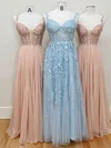 A-line V-neck Lace Tulle Floor-length Prom Dresses With Appliques Lace #UKM020115016