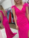 Sheath/Column V-neck Jersey Sweep Train Prom Dresses With Feathers / Fur #UKM020115025