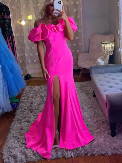 Sheath/Column Off-the-shoulder Stretch Crepe Sweep Train Split Front Prom Dresses #UKM020115027