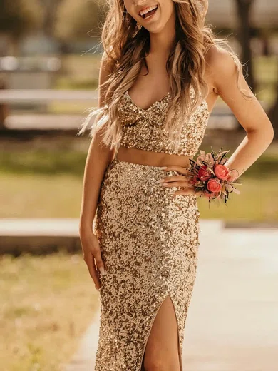 Sheath/Column Sweep Train V-neck Sequined Split Front Prom Dresses #UKM020115032