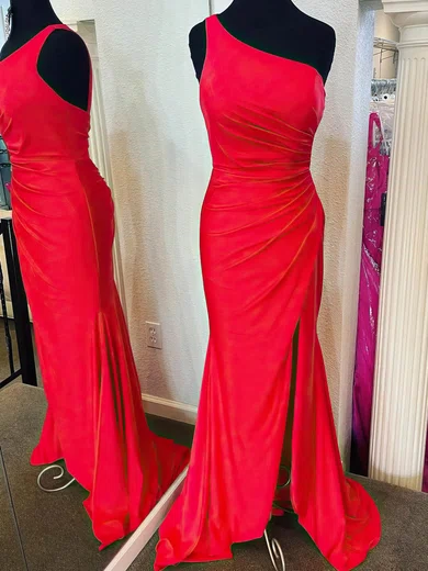 Red Sheath/Column Jersey One Shoulder Prom Dresses With Ruched #UKM020115034
