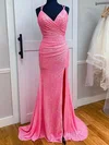 Sheath/Column V-neck Sequined Sweep Train Prom Dresses With Split Front #UKM020115036