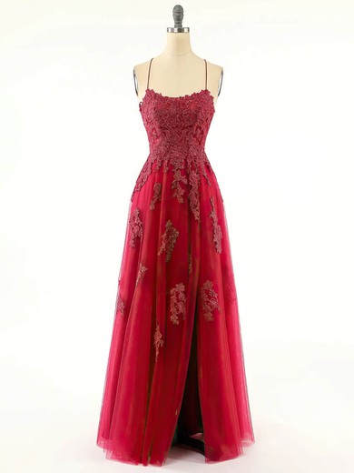 A-line Scoop Neck Tulle Floor-length Prom Dresses With Appliques Lace #UKM020115039