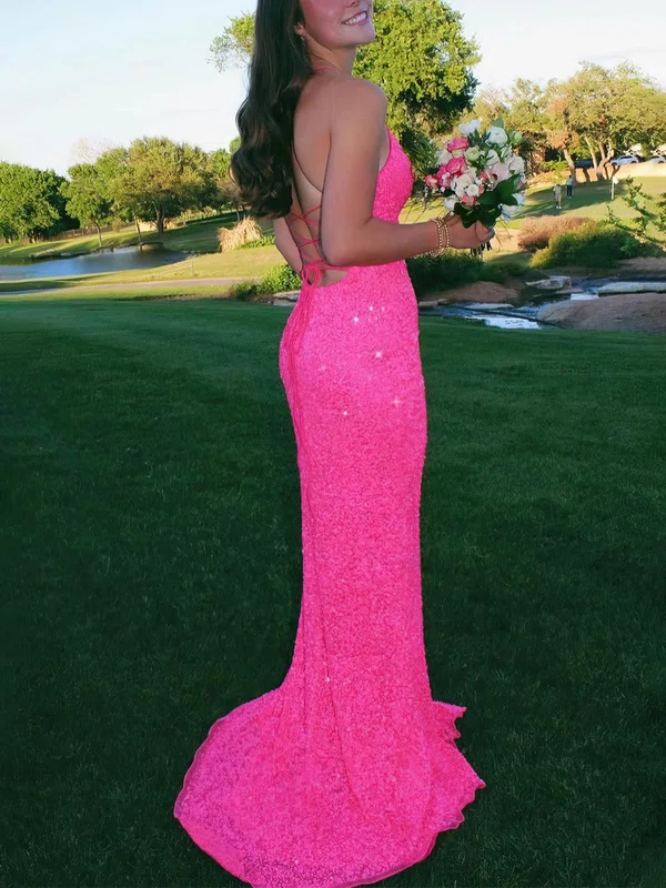 Sheath/Column Scoop Neck Sequined Sweep Train Prom Dresses With Split Front #UKM020115043