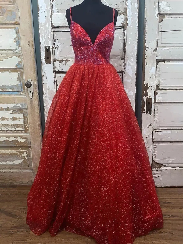 Ball Gown V-neck Glitter Floor-length Prom Dresses With Pockets #UKM020115044