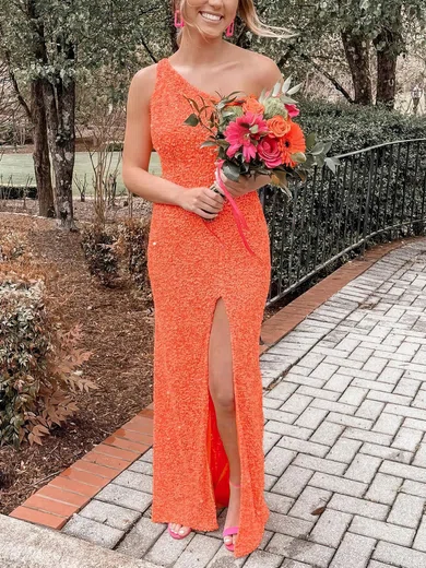 Sheath/Column One Shoulder Sequined Sweep Train Prom Dresses With Split Front #UKM020115047