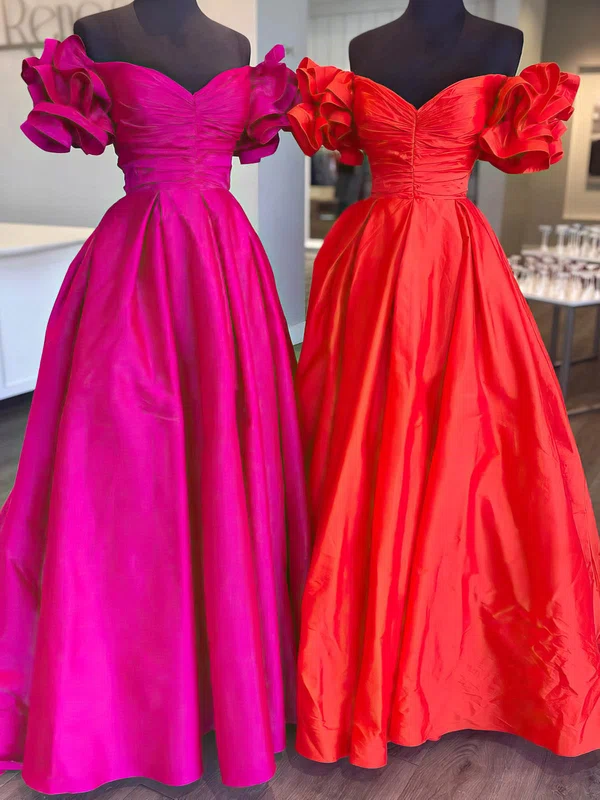 A-line Off-the-shoulder Satin Floor-length Prom Dresses With Ruffles #UKM020115048