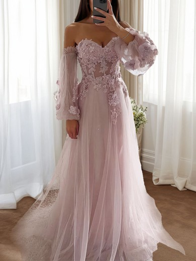 Ball Gown/Princess Sweep Train Sweetheart Tulle Appliques Lace Prom Dresses #UKM020115060