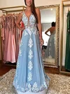 A-line V-neck Tulle Sweep Train Prom Dresses With Appliques Lace #UKM020115063