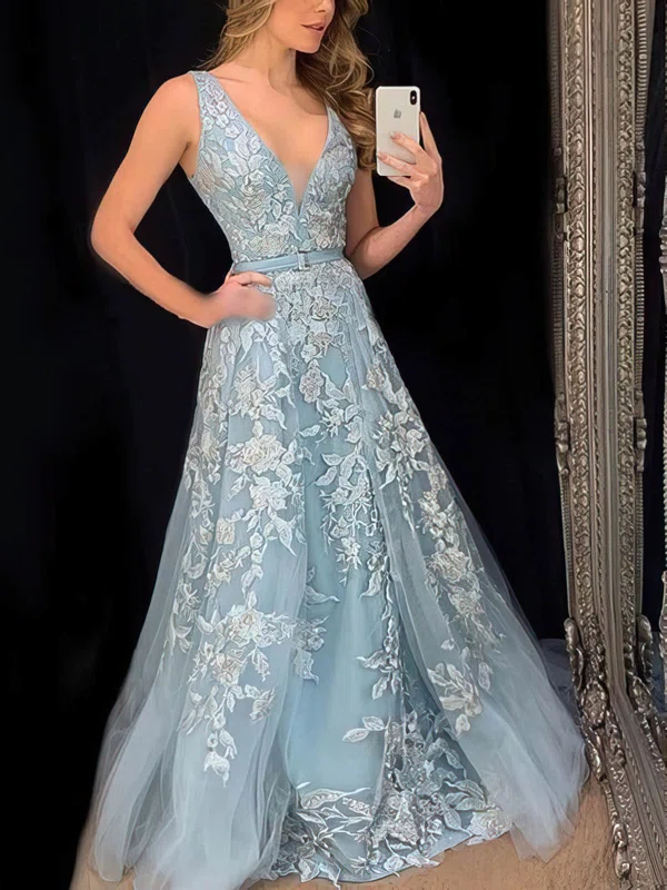 Ball Gown/Princess Floor-length V-neck Tulle Appliques Lace Prom Dresses #UKM020115064
