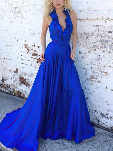 Ball Gown/Princess V-neck Silk-like Satin Sweep Train Prom Dresses With Cascading Ruffles #UKM020115068