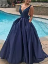 Ball Gown V-neck Lace Satin Floor-length Prom Dresses With Pockets #UKM020115070