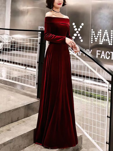 A-line Off-the-shoulder Velvet Floor-length Prom Dresses #UKM020115073