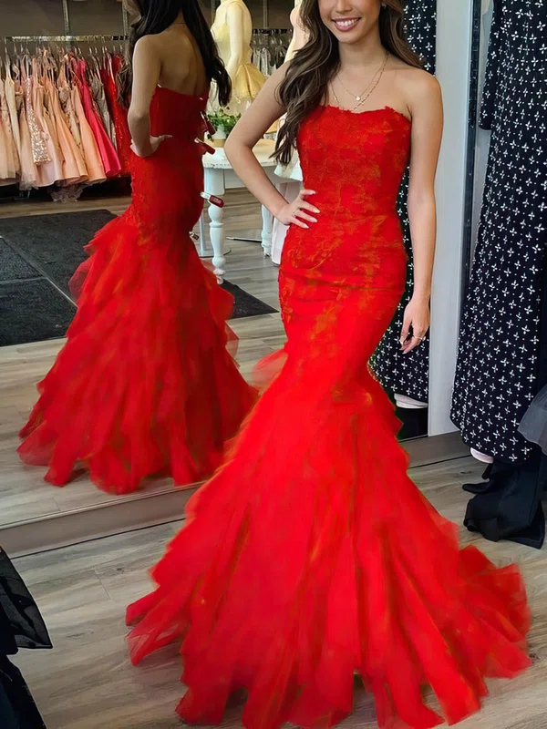 Trumpet/Mermaid Strapless Tulle Sweep Train Prom Dresses With Tiered #UKM020115076