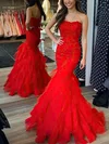 Trumpet/Mermaid Strapless Tulle Sweep Train Prom Dresses With Tiered #UKM020115076